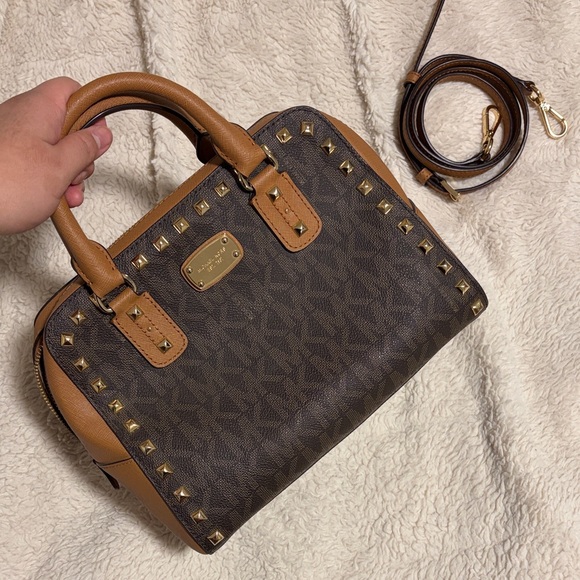 Michael Kors Handbags - Michael Kors Brown and Tan Studded Satchel